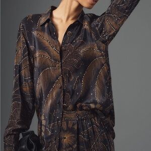 Anthropologie Farm Rio Golden Foliage Buttondown Shirt Black Button Front XL